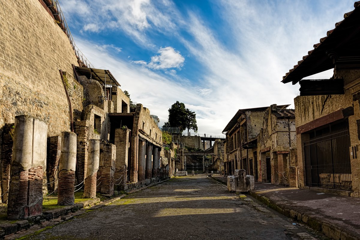 Partially excavated and restored ancient ruins of Herculaneum, Ercolano, Italy