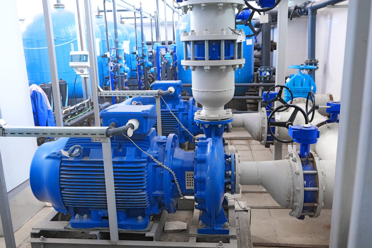 high-pressure pumps engines and pipes, water or wastewater treatment facilities inside or indoors, industrial interior