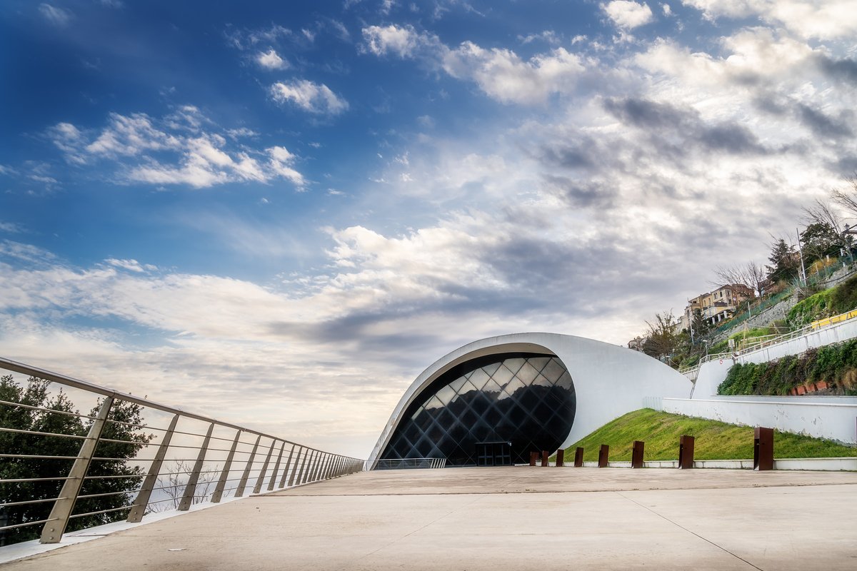 The Ravello Auditorium Building in a Sunny day with beautiful cloudy sky. Modern Structure in Ravello, Amalfi Coast, Italy