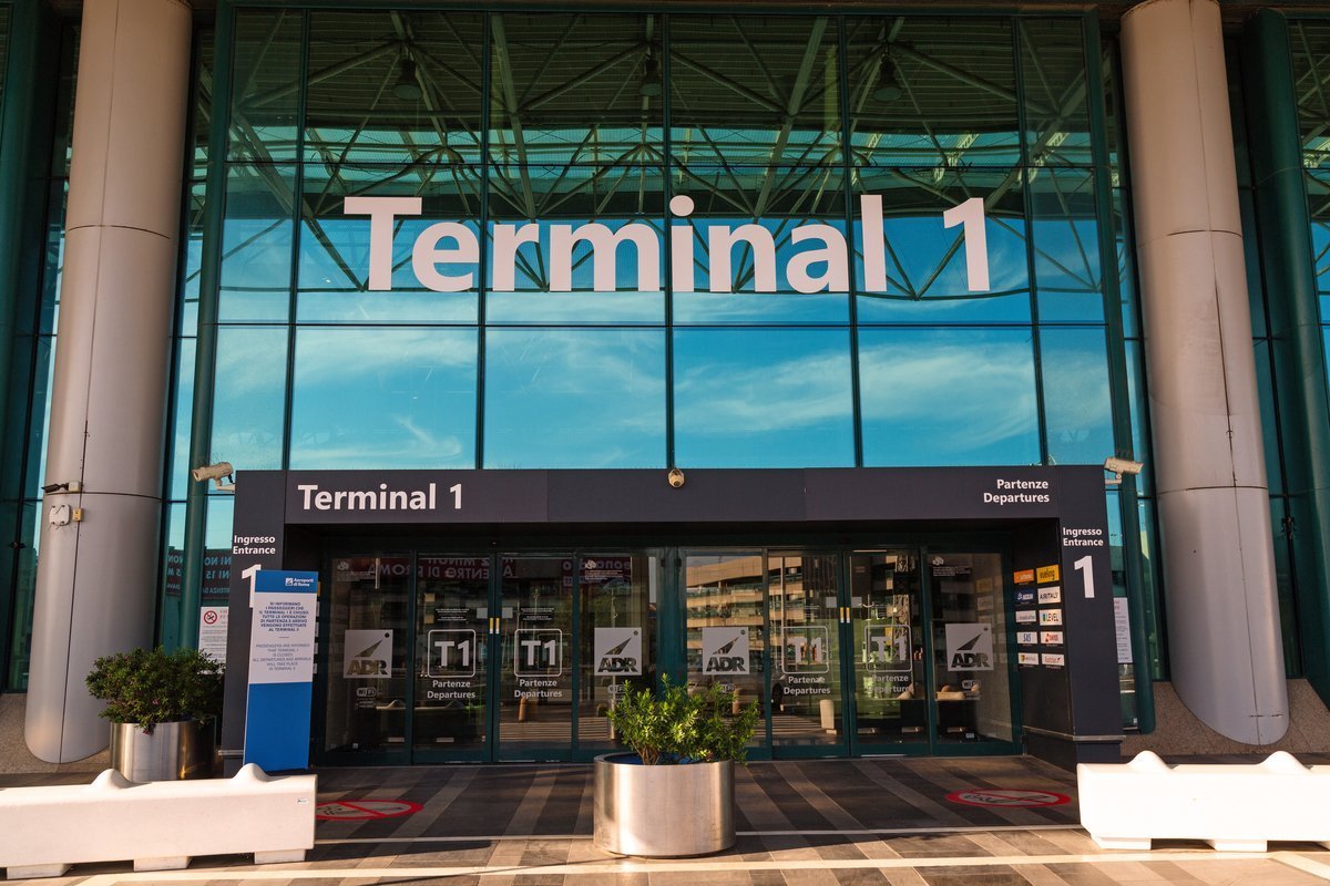 One of the entrances to Terminal 1 of Leonardo da Vinci Airport in Fiumicino, Rome, Italy