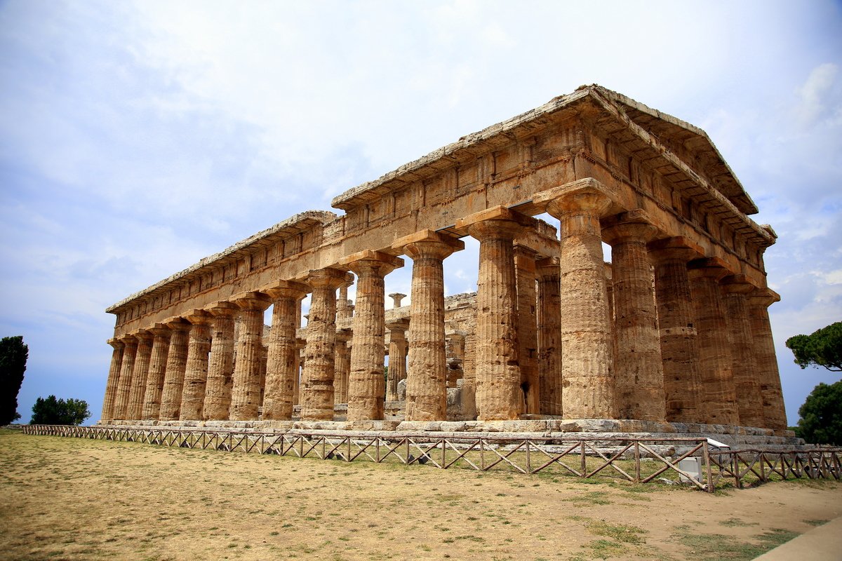 The structure of the temple of Neptune against a blue sky, excavations of Paestum, Cilento, Campania, Italy