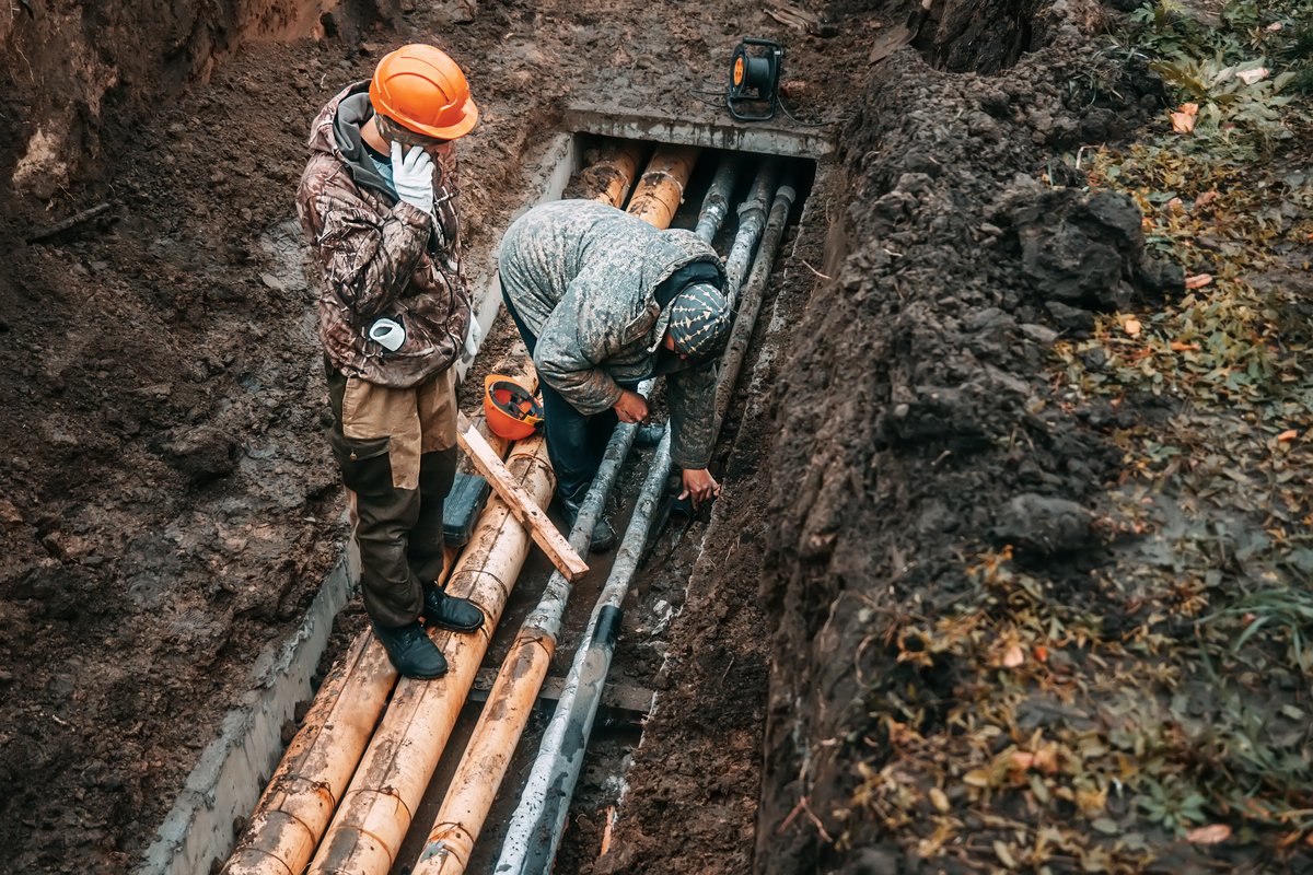 Two workers change public water pipes in trench on rainy autumn day. Troubleshooting. Breakthrough of water pipeline underground. Utilities. Real workflow.